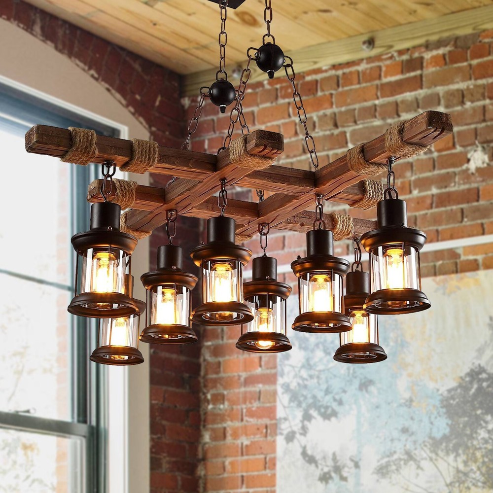 8-Headed Wooden Chandelier Hanging Pendant Ceiling Light Fixture