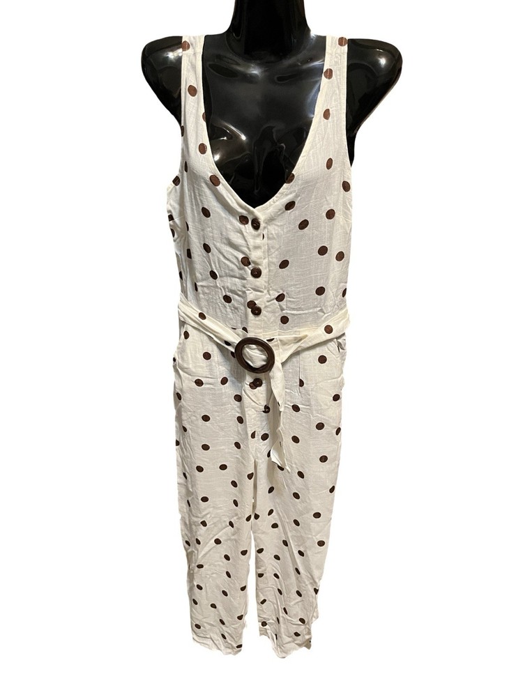 Monteau Sz Medium Polka Dot Tank Belted Button Down Linen Blend Jumper Jumpsuit