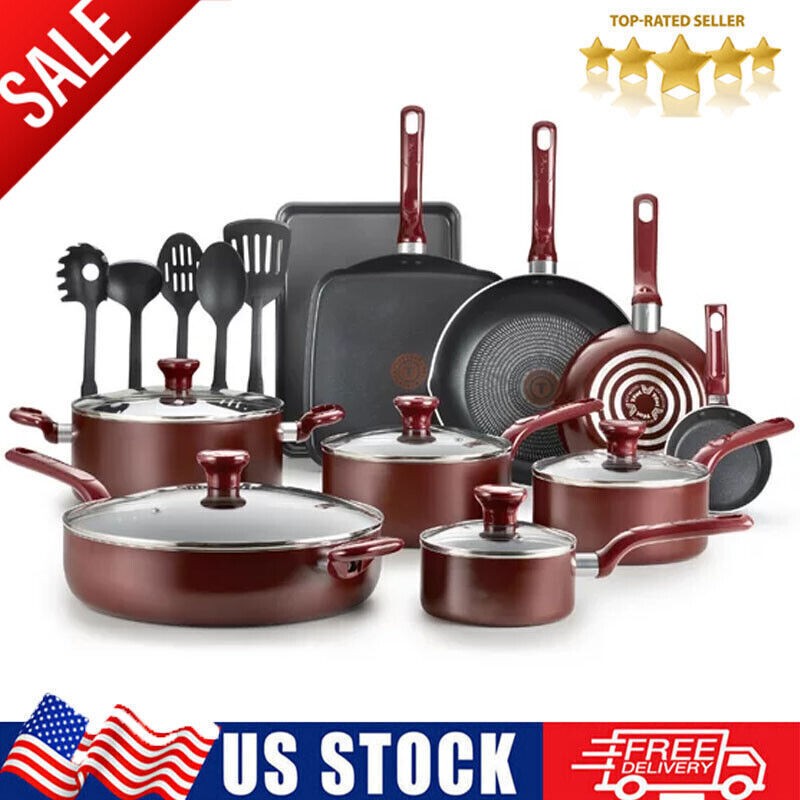 20 Piece SetNonstick Cookware Fry Pot Slow Cooker Dishwasher Safe Kitchen Red US