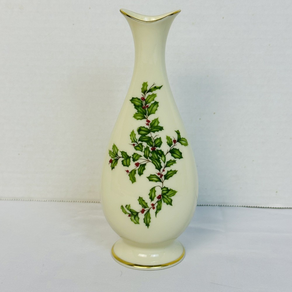 LENOX CHRISTMAS HOLIDAY HOLLY  VASE Table ACCENT BUD DECO 7” SMALL-image