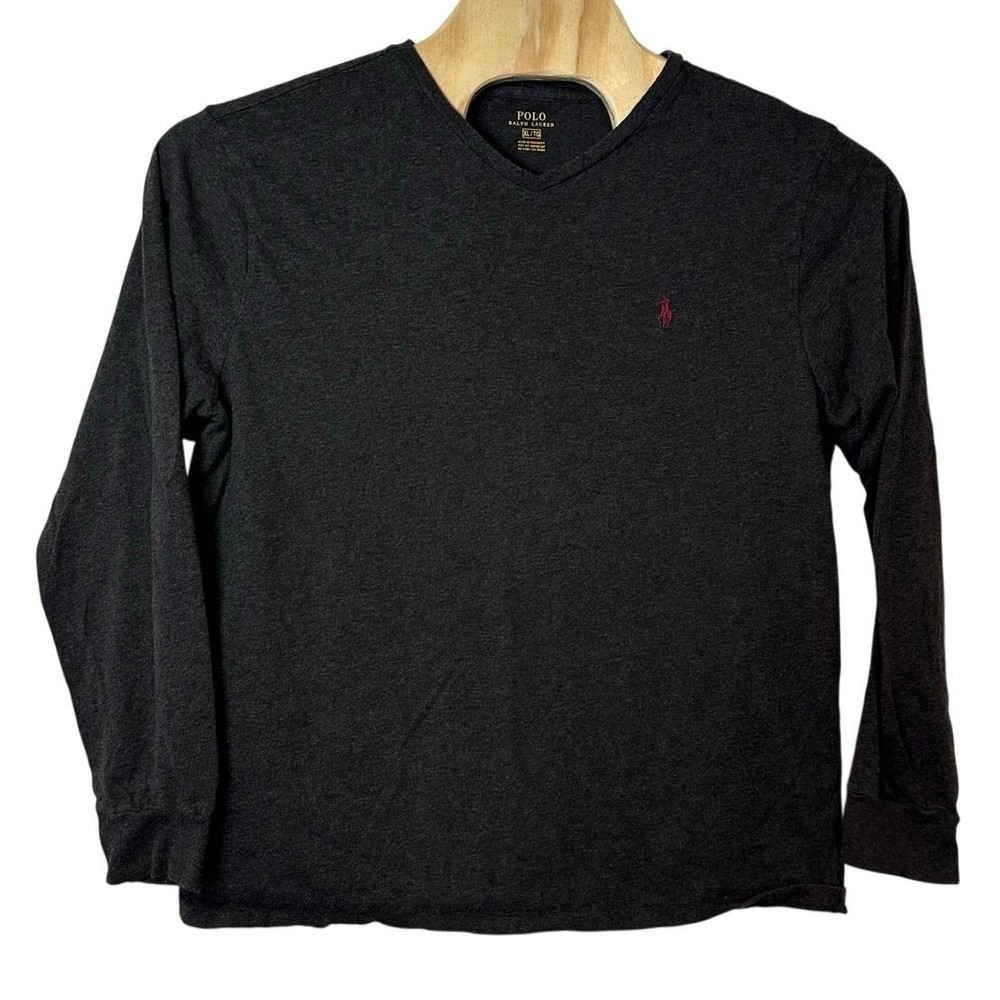 Polo Ralph Lauren Men’s V-Neck Long Sleeve T-Shirt Size XL Logo Charcoal Preppy