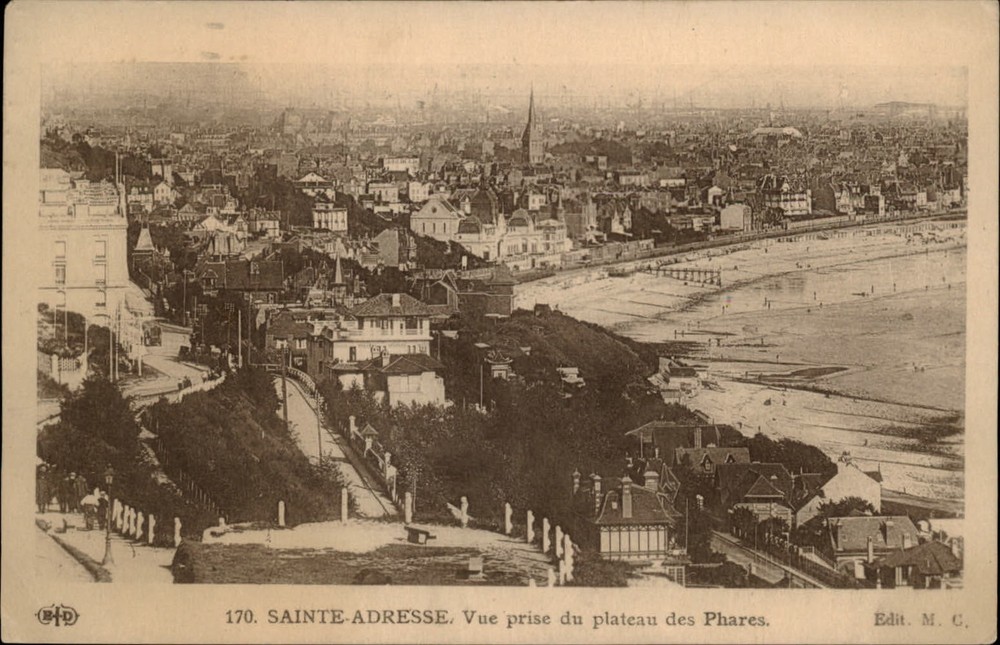 Le Havre France Sainte-Adresse aerial view beach ~ 1935 postcard sku691