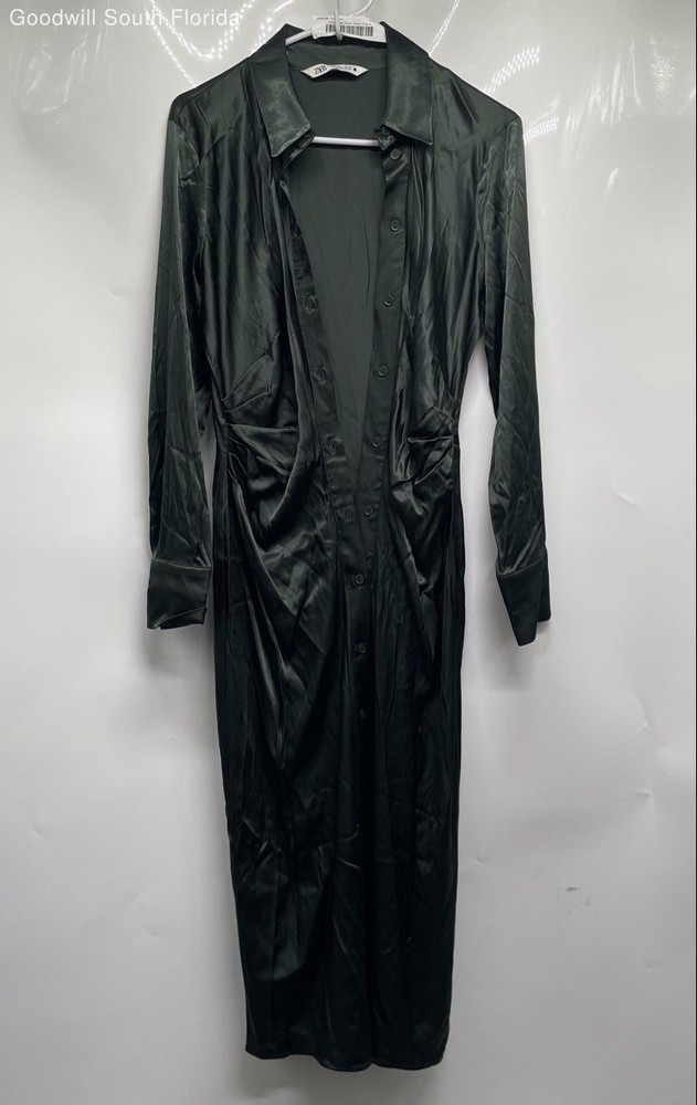 Zara Womens Green Long Sleeve Collared Ruched Button Front Shirt Dress Size S