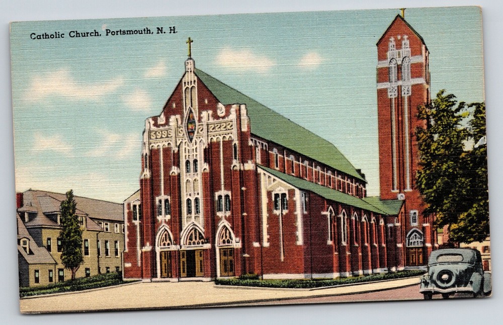 Portsmouth New Hampshire~Catholic Church~St View~Gothic Revival~Linen Postcard