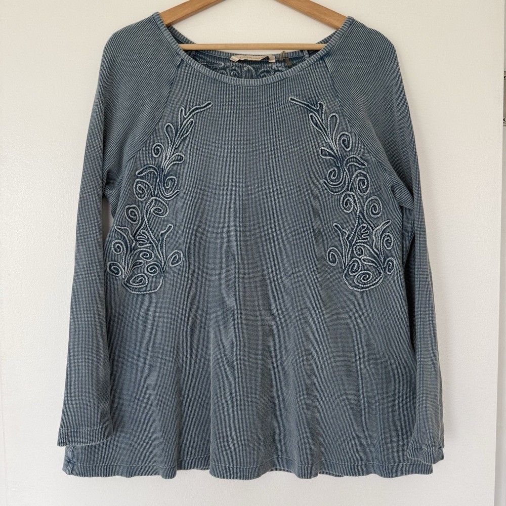 Soft Surroundings Camden Waffle Knit Embroidered Henley Thermal Top Blue XL