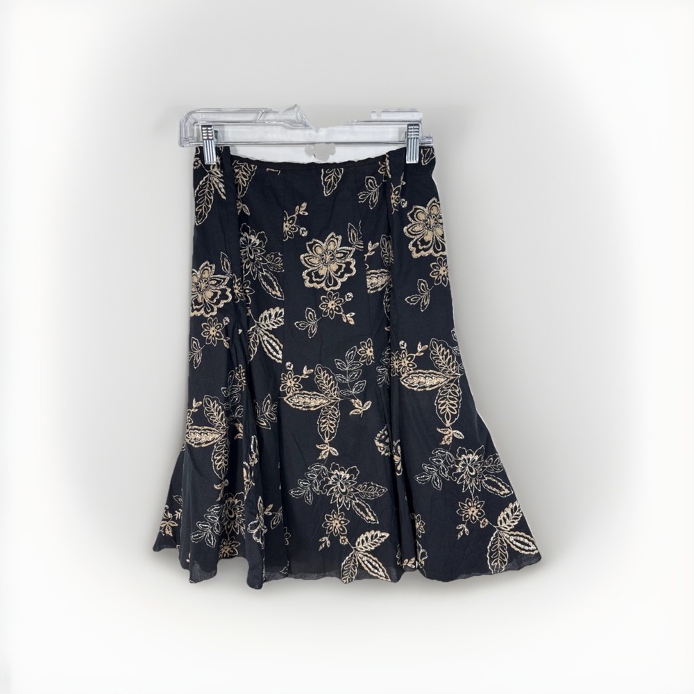 New York & Company Midi Skirt Women's 18 Tan Black Floral Print Flared Boho