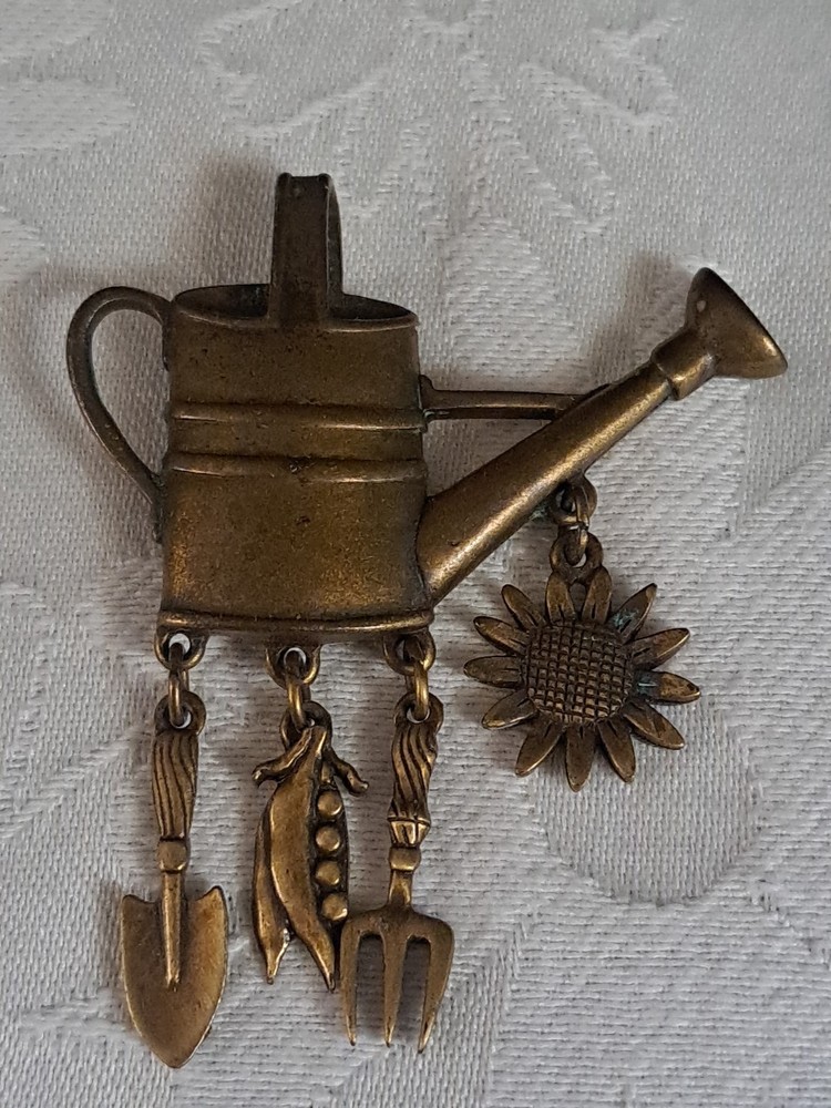 Vintage JJ Jonette Garden Watering Can Tools Charm Brooch Pin Gold Tone Spring