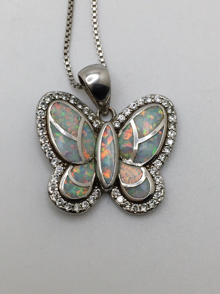 925 Sterling Silver 1” White Fire Opal & CZ Butterfly Pendant Necklace 18