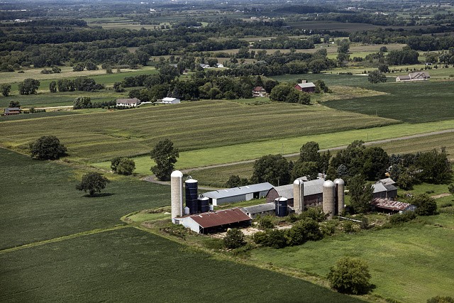 Dodge County Wisconsin Farmstead Aerial View 2010s Farmland Barn Silos