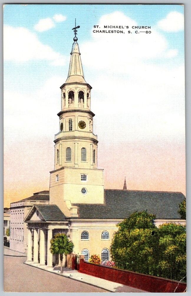 Vtg Linen Postcard St Michael's Church Charleston, SC 1930s