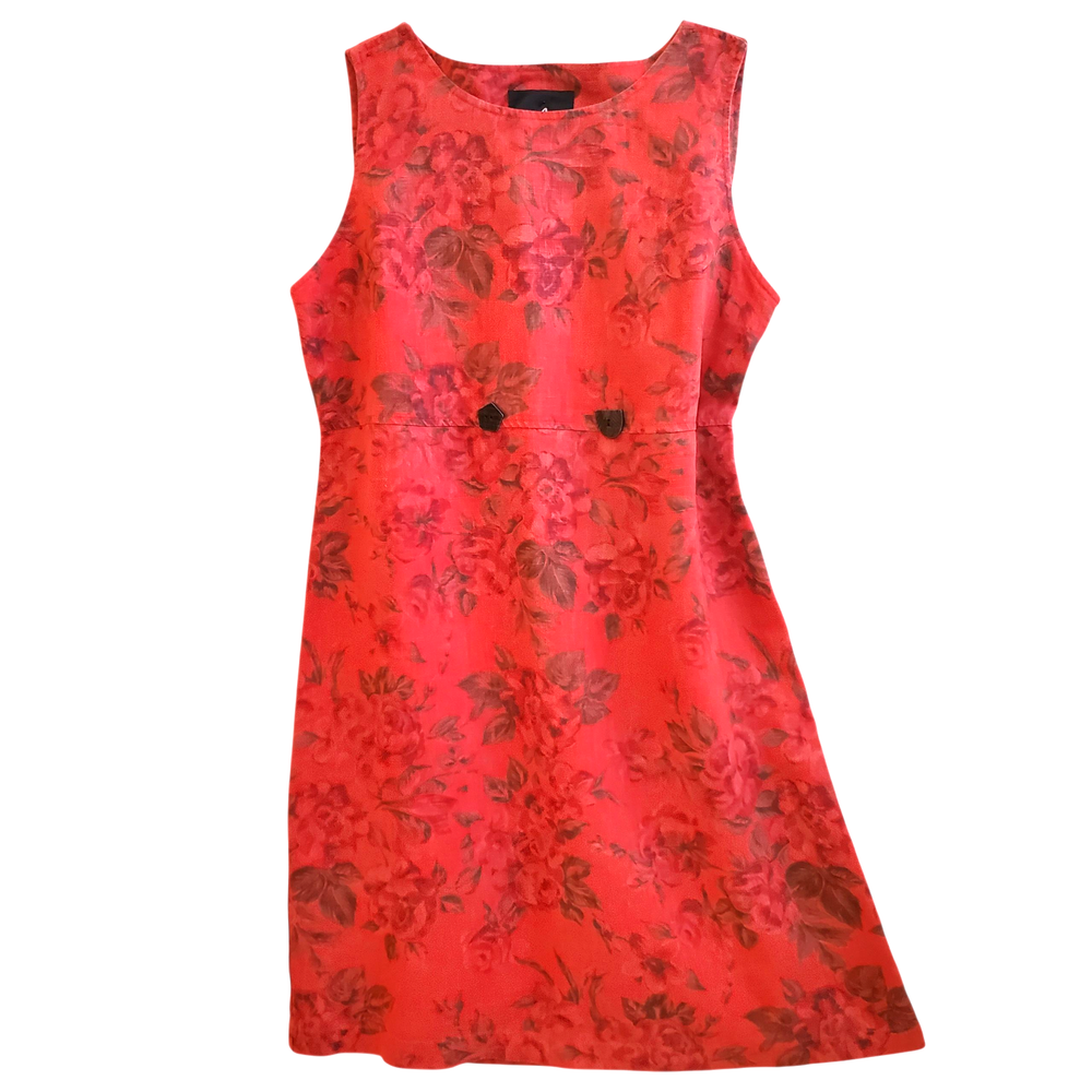 Women's Red Linen Dress Medium VINTAGE 80' Floral Boho Romantic Midi Gown