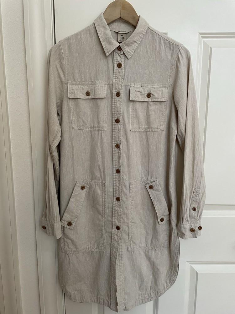 Duluth Trading Artisan Hemp Duster Tunic Dress Sz XS Organic Cotton Pockets Tan