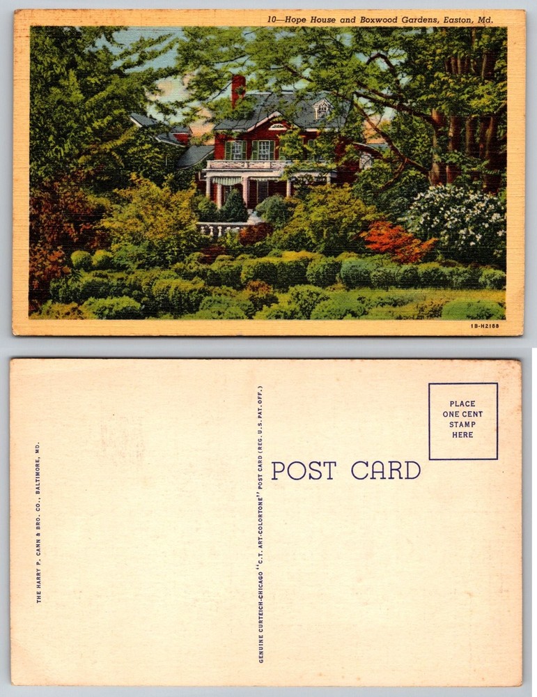 Hope House & Boxwood Gardens Easton, MD Vintage Linen Postcard Curteich