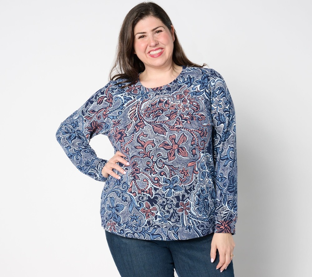 Denim & Co. Women's Top Sz XL Printed Heavenly Jersey Long-Sleeve Blue A658659