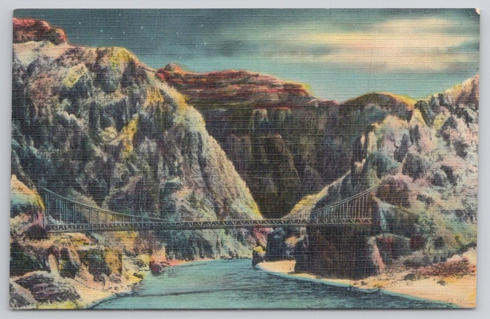 Vintage Linen Postcard Grand Canyon Colorado River Foot Bridge Moonlight
