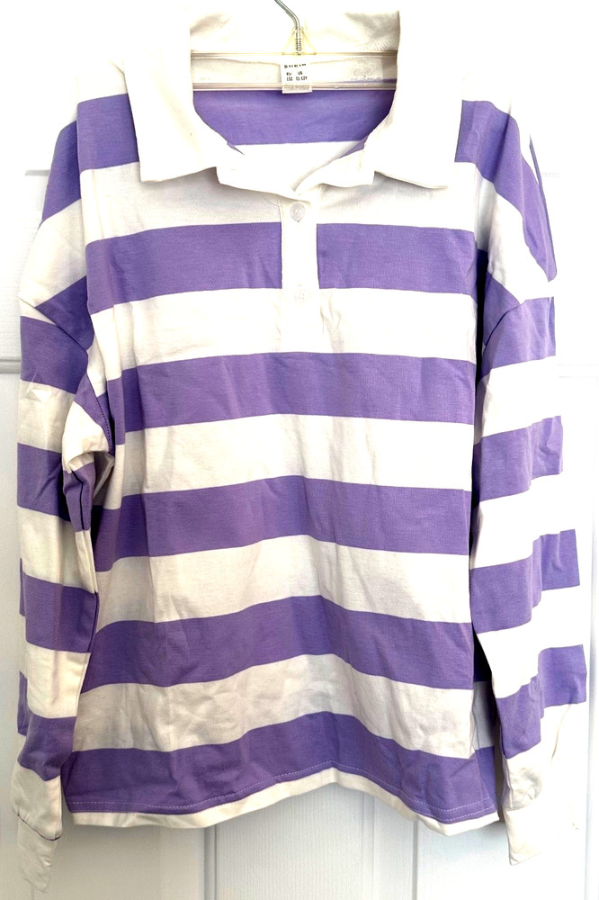 Kids' Striped Long Sleeve Rugby Polo Shirt - Shein - Purple/White - Size 11-12Y