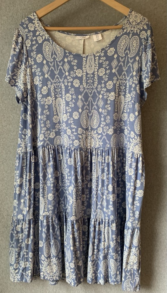 Lucky Brand Knit Dress Sz 1X Blue Tiered Soft Comfort Boho Short Sleeve Casual