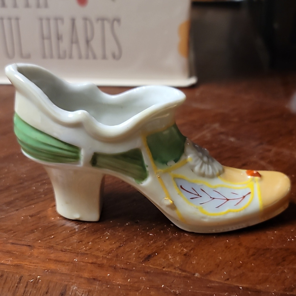 Made in Japan Glazed Ceramic Shoe Figurine White Green Yellow Miniature
