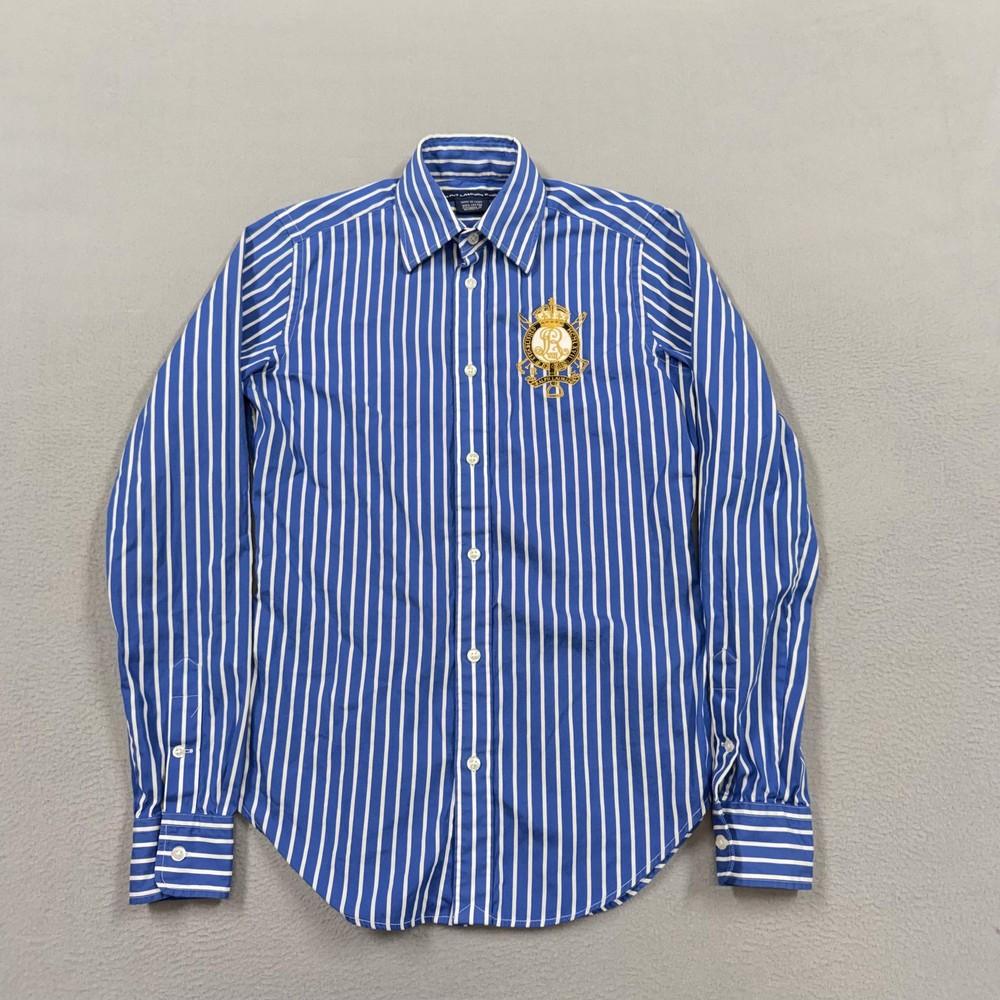 Ralph Lauren Sport Shirt Womens 2 Blue White Striped Button Up Crest Long Sleeve