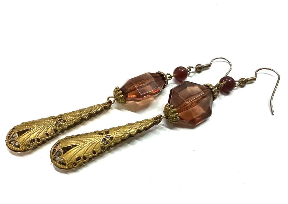Vtg Costume Gold Tone Brown Orange Color Dangle Pierced Earrings Jewelry Lot I