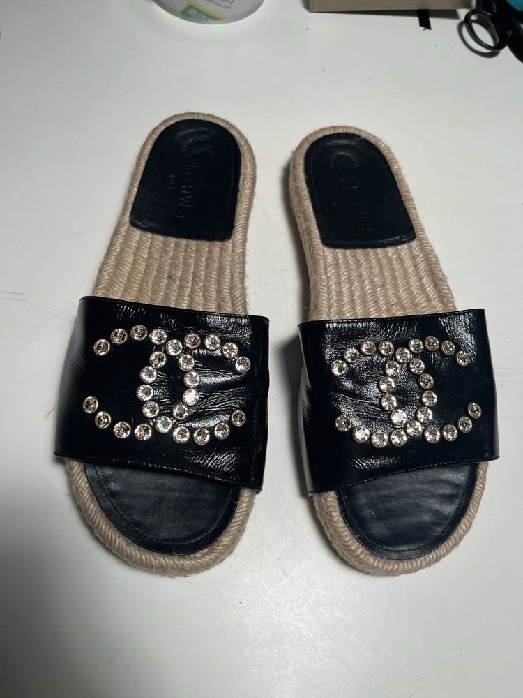 Chanel Soft Black Patent Leather CC Crystal Slides