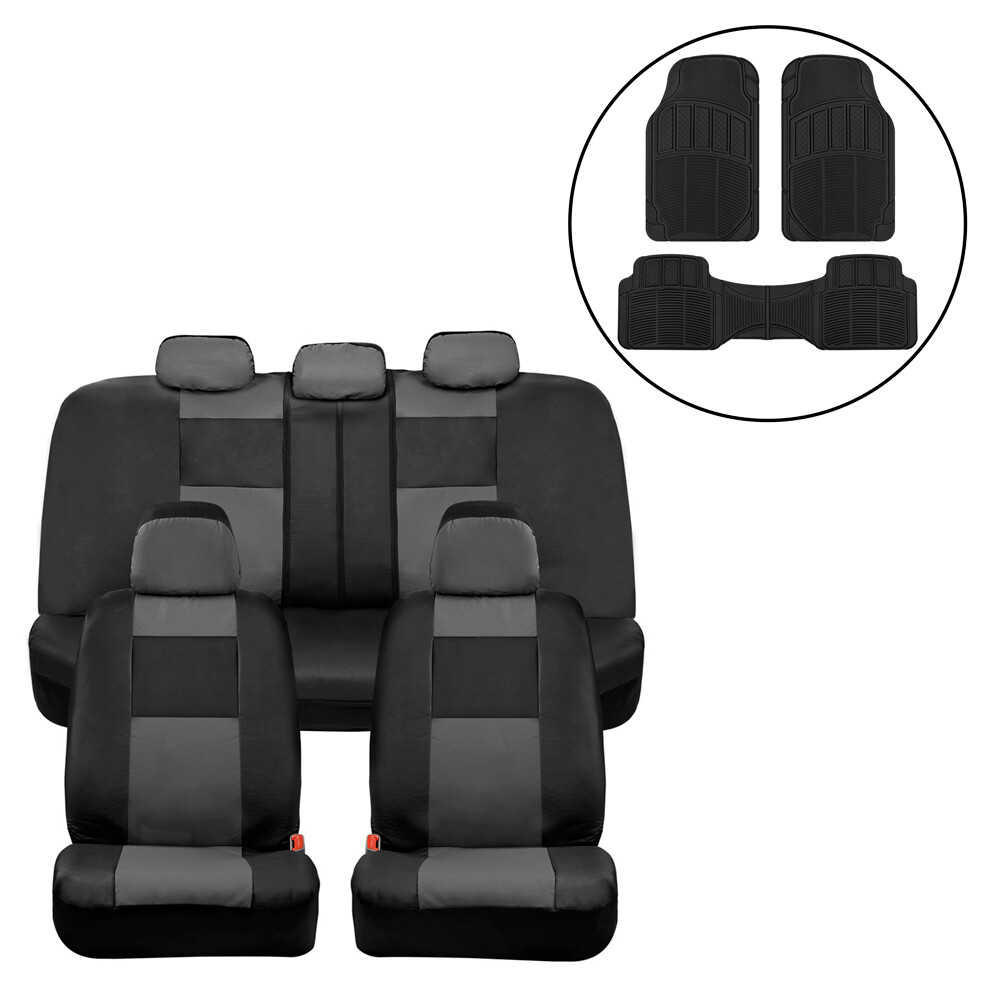 PU Leather Charcoal Car Seat Covers & Black Rubber Floor Mats Full Set  