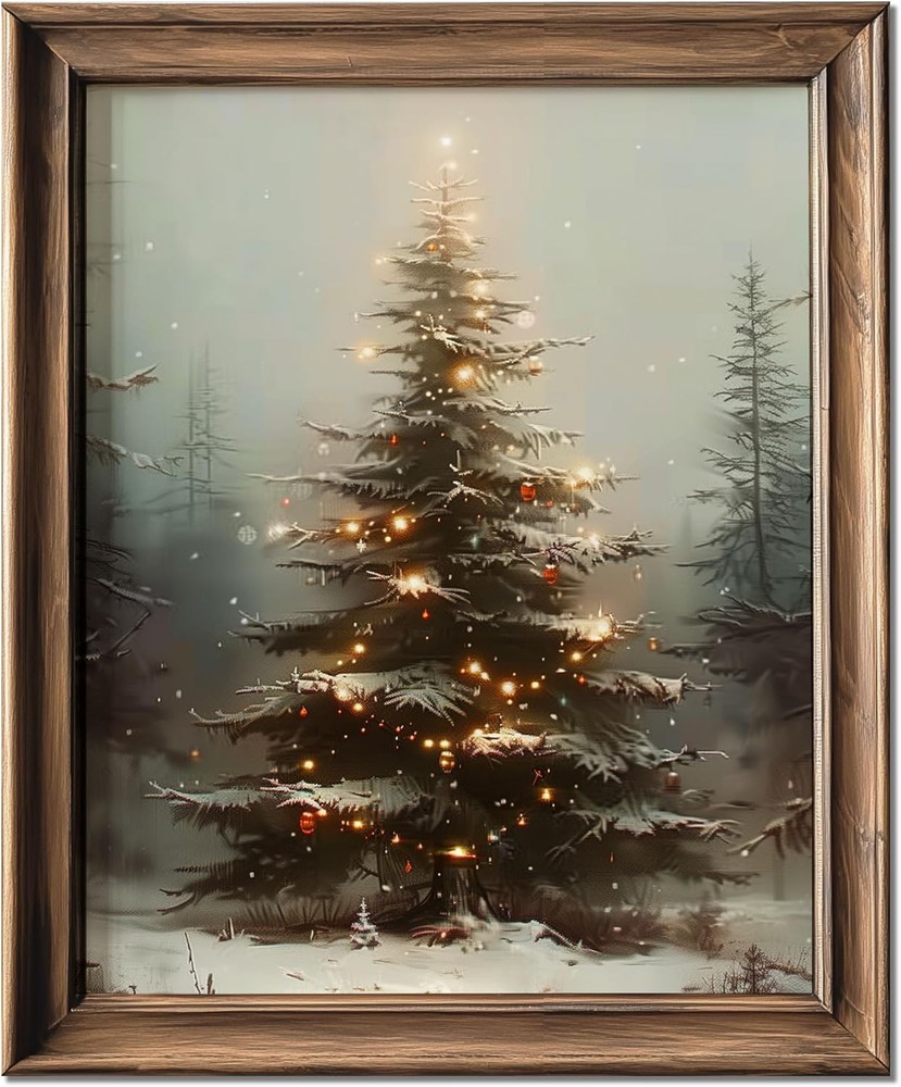 Vintage Christmas Tree Wall Art Print 8x10 Unframed Lights Rustic Decor