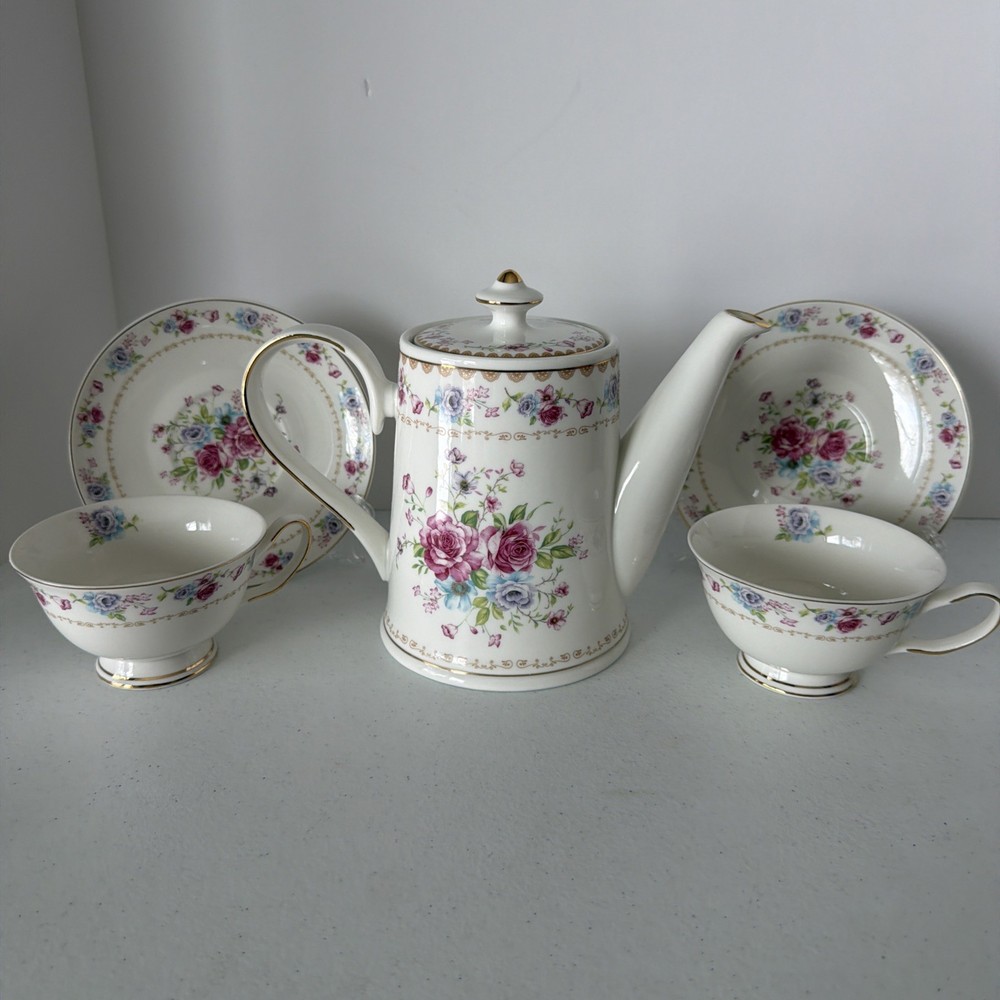 GRACE'S TEAWARE PINK ROSES 2 CUPS WITH SAUCES & TEAPOT FLORAL