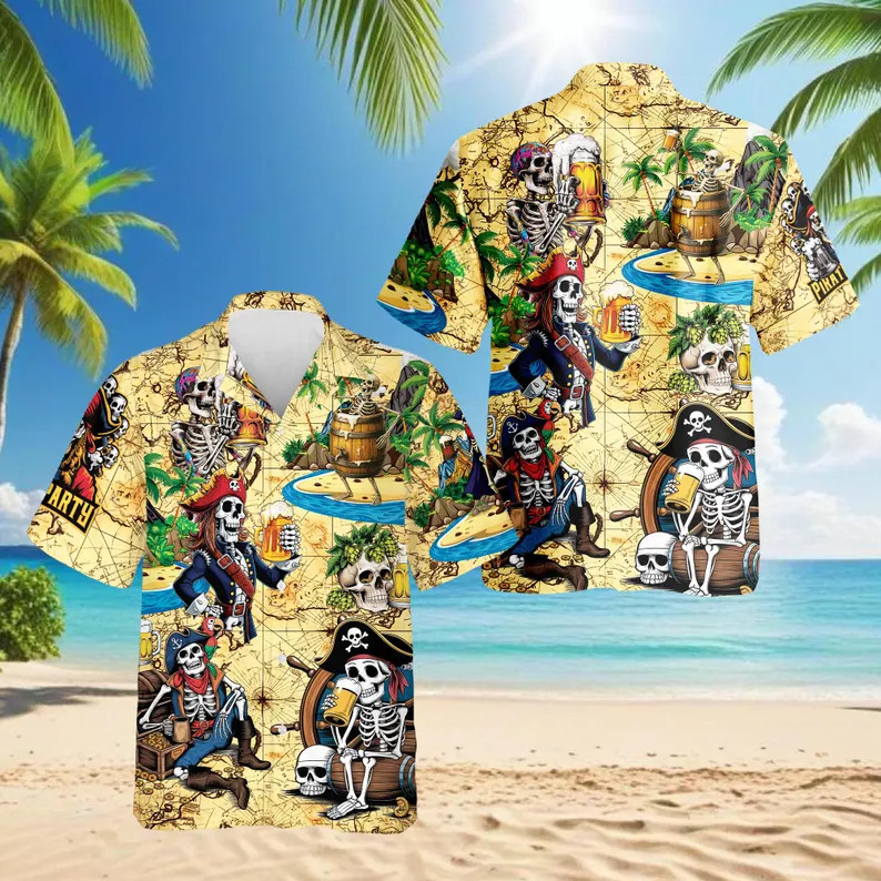 Pirate Skeleton Hawaii Shirt Skull Beach Vacation Aloha Summer Mens Gift