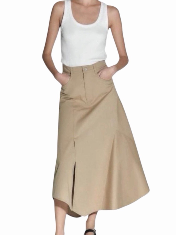 Zara Asymmetrical Beige A- Line Midi Skirt with Front Slit Size L NWT Women's