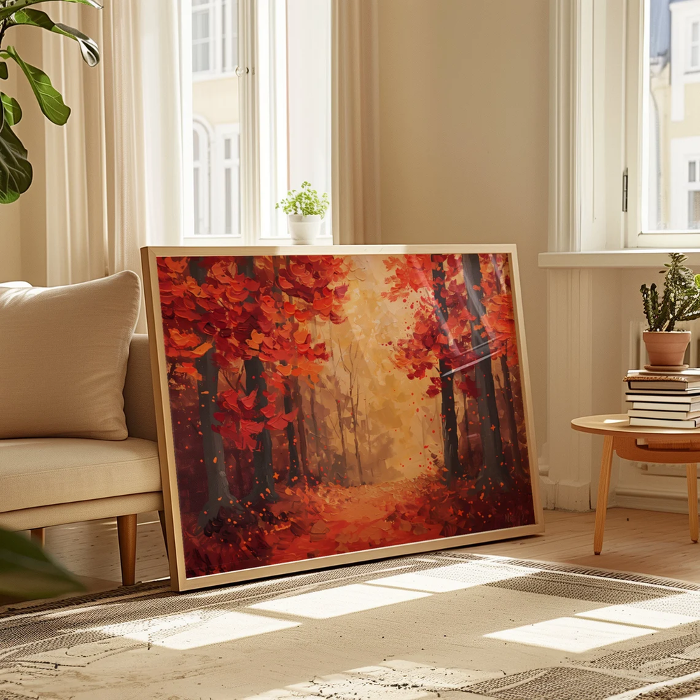 Autum Season and Red Tall Trees Painting Poster Premium Quality Choose your Size