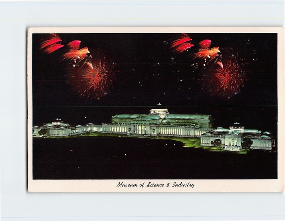 Postcard Illuminated Museum of Science & Industry at Night Chicago Illinois USA