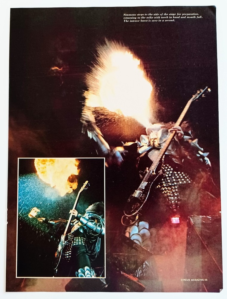 KISS GENE SIMMONS SPITTING FIRE IN CONCERT~1977 POSTER~FULL PAGE PINUP CLIPPING