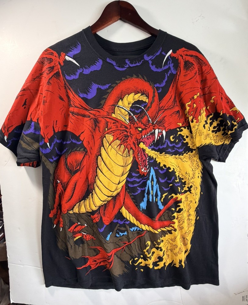 🔥 Liquid Blue Red Dragon Fantasy All Over Print Graphic Tee XL Medieval