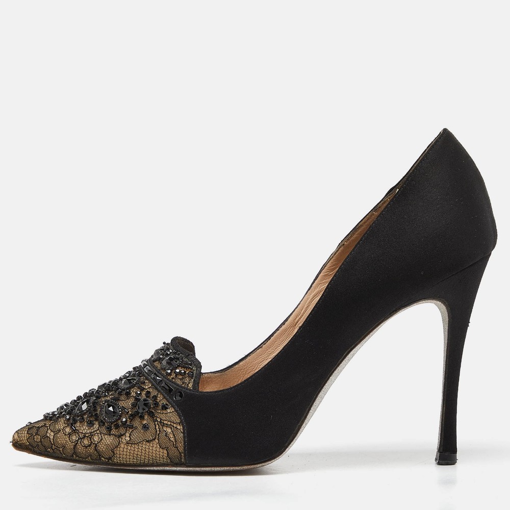 Rene Caovilla Black Satin and Lace Crystal Embellished Pumps Size 41.5