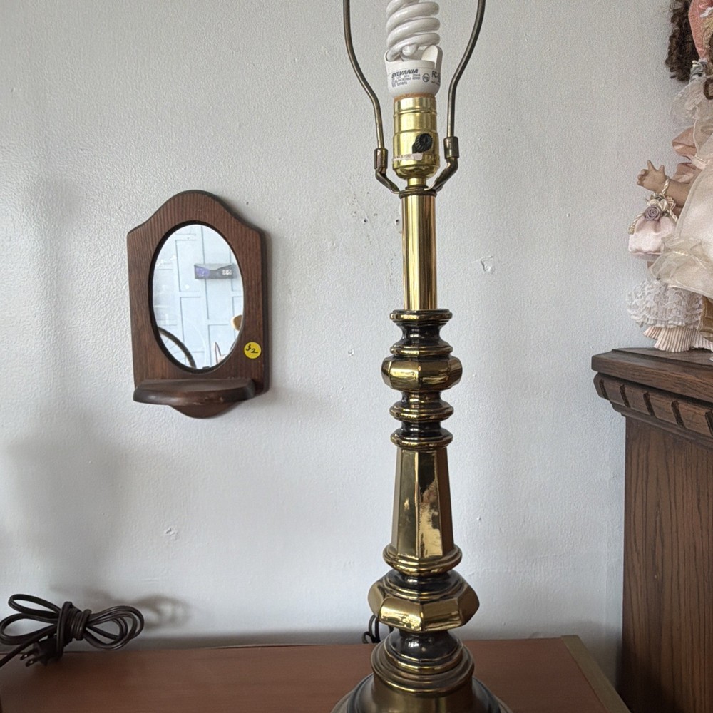 Vintage Table Lamp  Brass Finish Turned Look Column Base Golden Metal Decor
