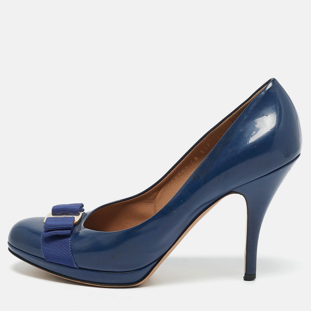Salvatore Ferragamo Blue Patent Leather Vara Bow Pumps Size 39 EU