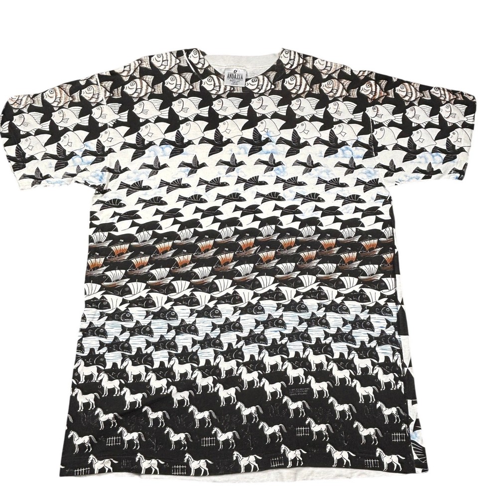90s Vintage MC Escher Art Tee L Black AOP Andazia Journey to Infinity USA Made