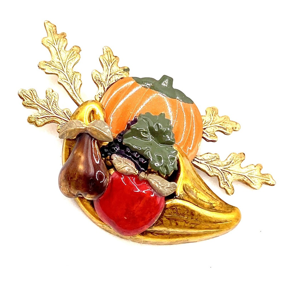 Vtg Antique Brooch Thanksgiving Cornucopia Pumpkin Leaves Pear Apple Harvest G