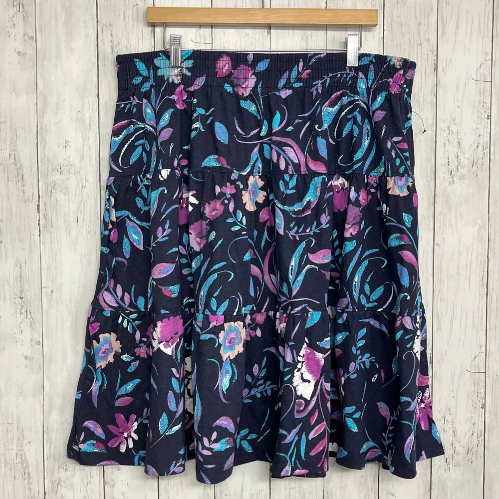 Woman Within 18-20 Blue Purple Floral Skirt Tiered Elastic Waist Pockets Cottage