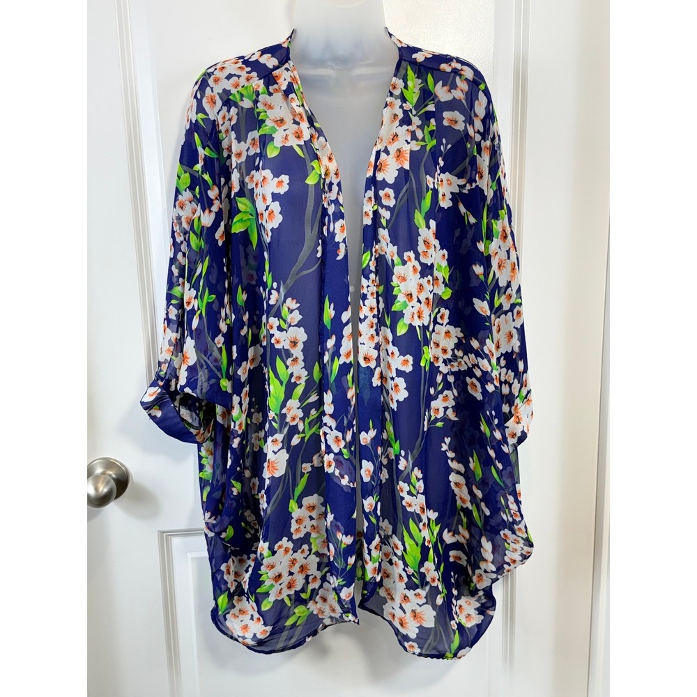 Kimono Cardigan Open Front Coverup Large Boho Floral Blue Festival Topper Layer