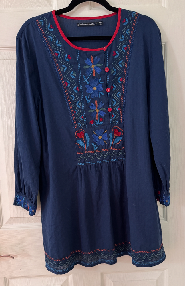 SIZE SMALL GUDRUN SJODEN BLUE TUNIC EMBROIDERED GORGEOUS GREAT WITH LEGGINGS