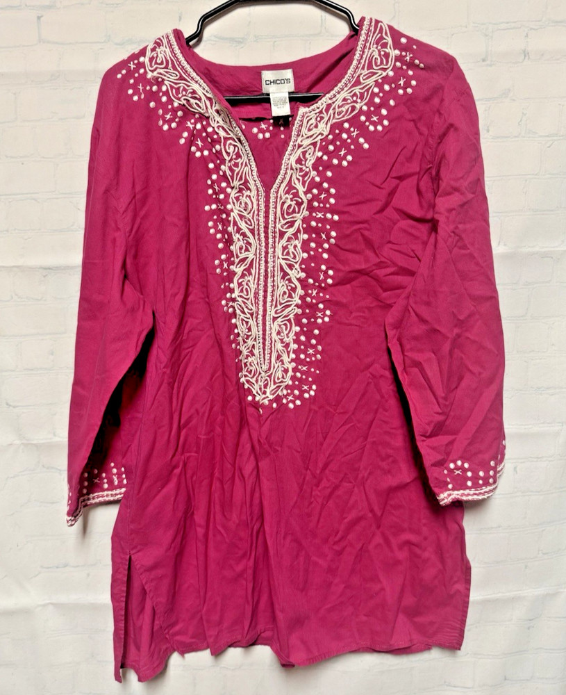 CHICO'S cotton Women Embroidered V-Neck Tunic Top Blouse Magenta hot pink  small