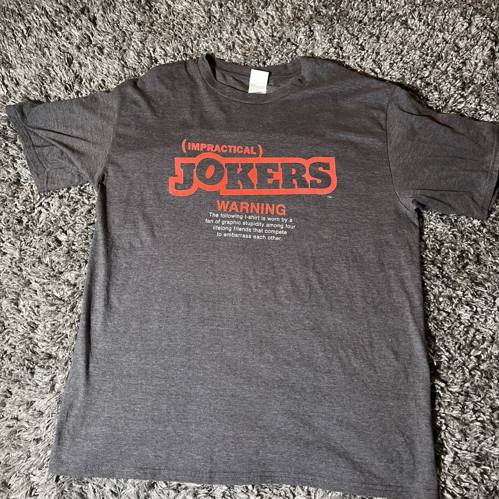 Impractical Jokers Tru TV Logo & Warning T-Shirt Gray Mens L RARE HTF EUC