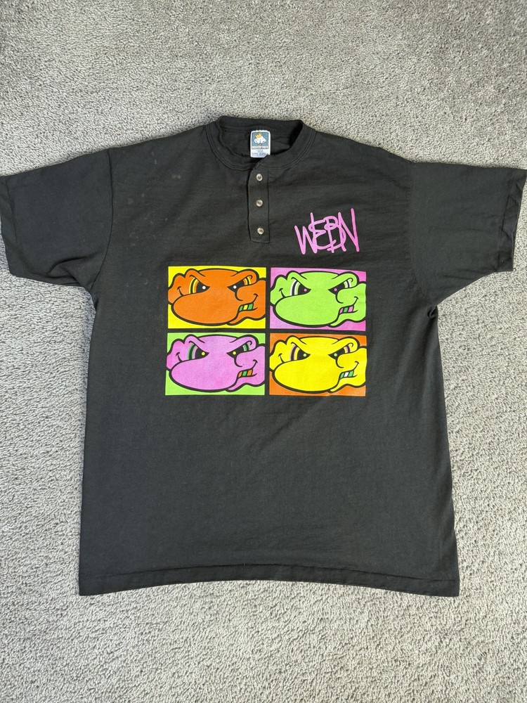 VINTAGE WEBN Shirt Mens XL Black Frog Pop Art Graphic Henley Button Cotton 90s