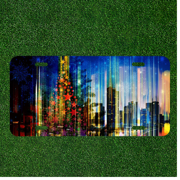 Custom Personalized Auto Tag With Stunning Christmas Tree City Lights Art Design
