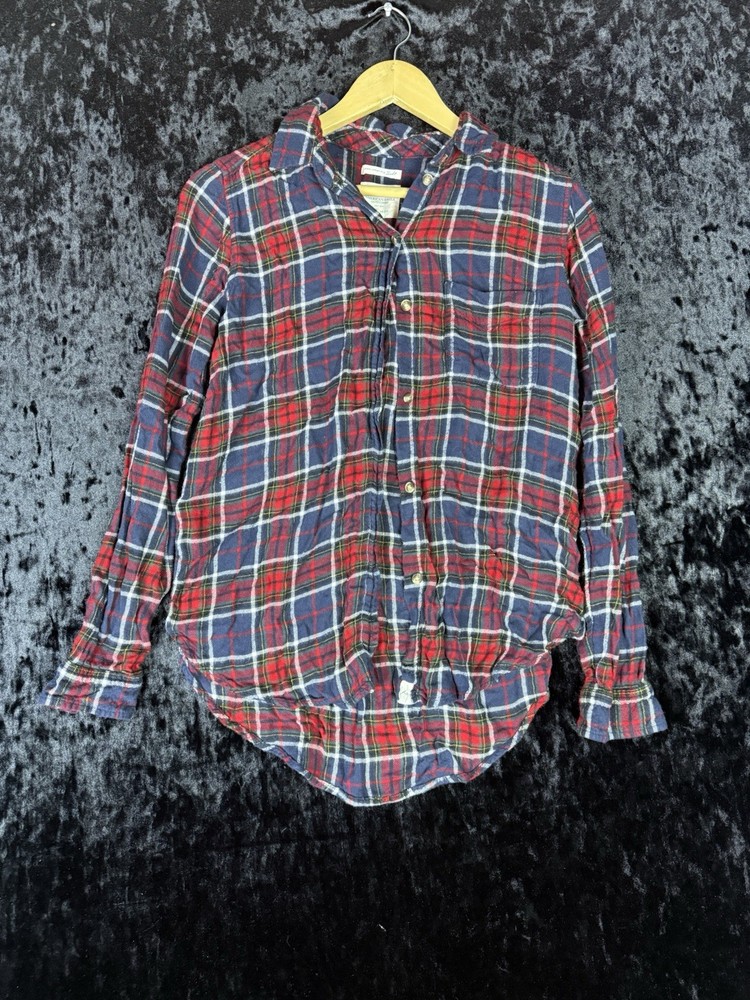 American Eagle Plaid Flannel Button Up Shirt Womens S Red Blue Boyfriend Fit