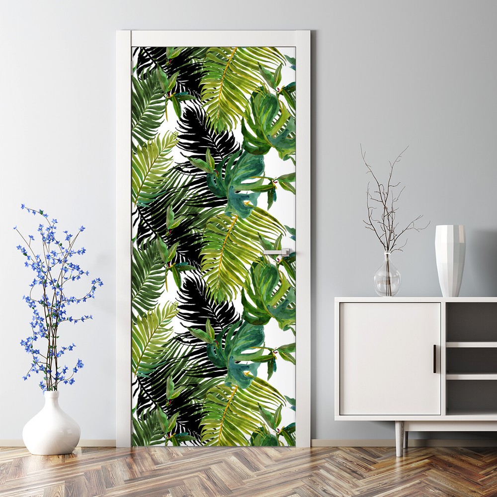 Bubble Free Door sticker Fresh Green Tropical Exotic flowers and leaves