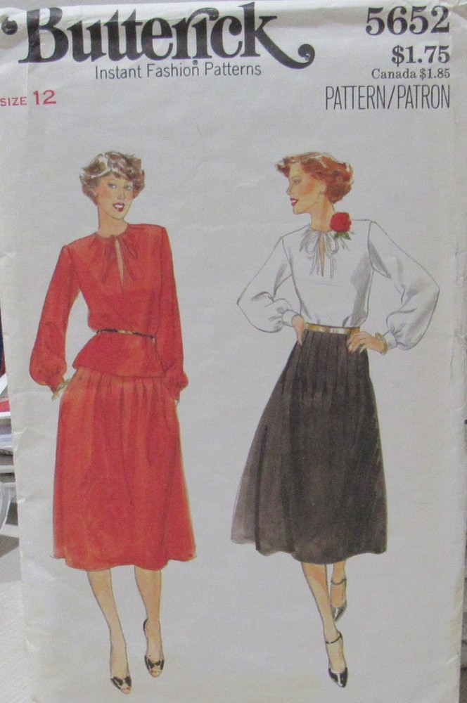 Vintage 70s Butterick 5652 Womens 12 Peasant Blouse & Pleated Skirt Pattern