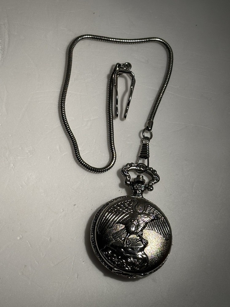 Silver Gold Tone American Eagle Quartz Pocket Watch